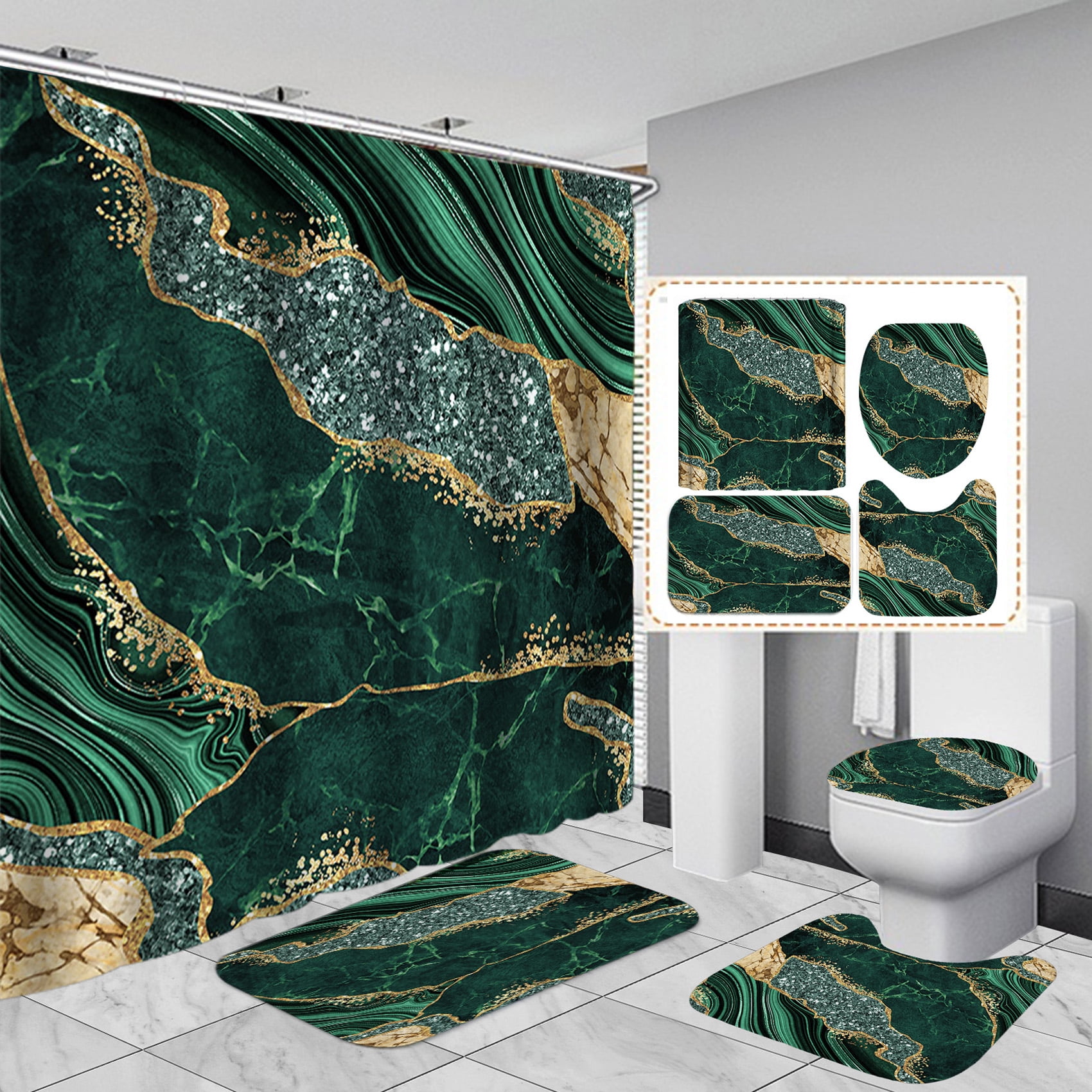 4PCS Marble Shower Curtain Sets, Modern Bathroom Sets With Toilet Lid Rug, Contour and Bath Mat, Luxury Bathroom Decor with 12 Hooks, 72 x 72 Inch, Green