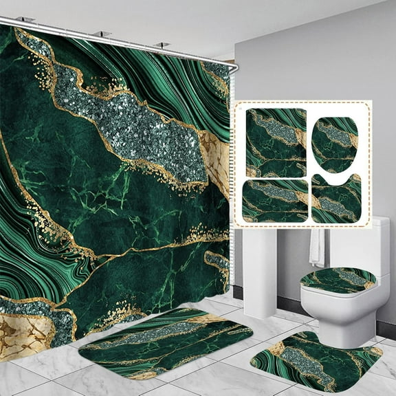 4PCS Marble Shower Curtain Sets, Modern Bathroom Sets With Toilet Lid Rug, Contour and Bath Mat, Luxury Bathroom Decor with 12 Hooks
