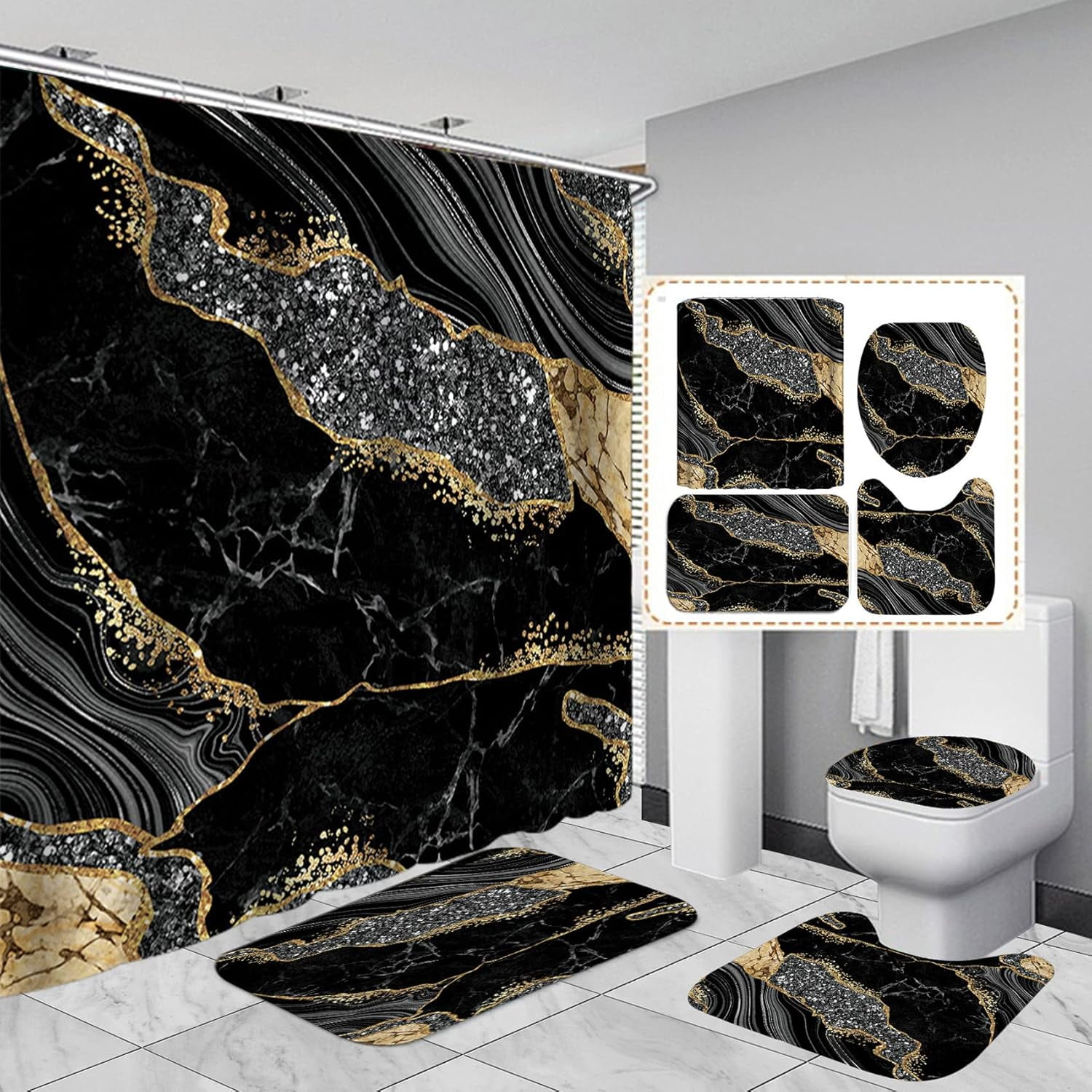 4PCS Marble Shower Curtain Sets, Modern Bathroom Sets With Toilet Lid Rug, Contour and Bath Mat, Luxury Bathroom Decor with 12 Hooks