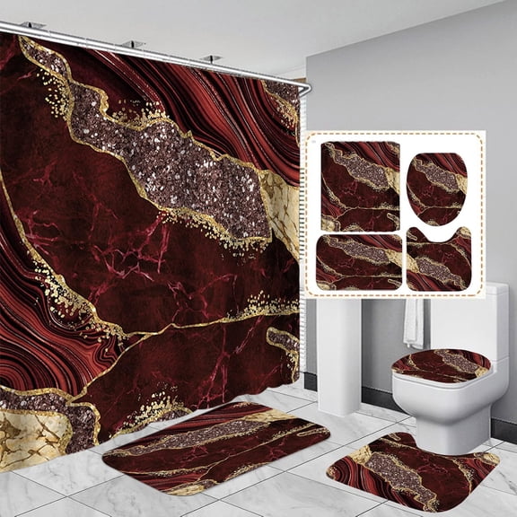 4PCS Marble Shower Curtain Sets, Modern Bathroom Sets With Toilet Lid Rug, Contour and Bath Mat, Luxury Bathroom Decor with 12 Hooks