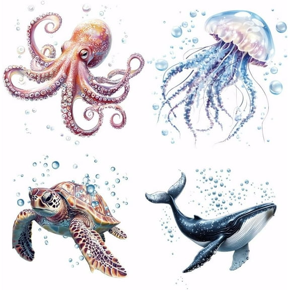 4PCS Marine Animals Iron on Transfer Paper Octopus Turtle Jellyfish Whale Heat Transfer Sticker DIY Iron-on Decals Transfers Ready to Press for Clothing T-Shirt Bags Jackets Decor Multi-color