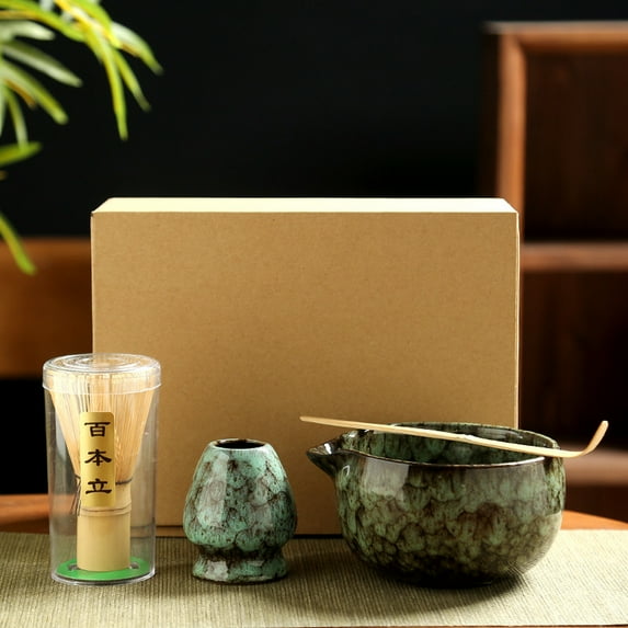 4PCS Matcha Whisk Set Kit Safe Bamboo Whisk and Ceramic Bowl for Tea Ceremony Matcha Lover and Beginner