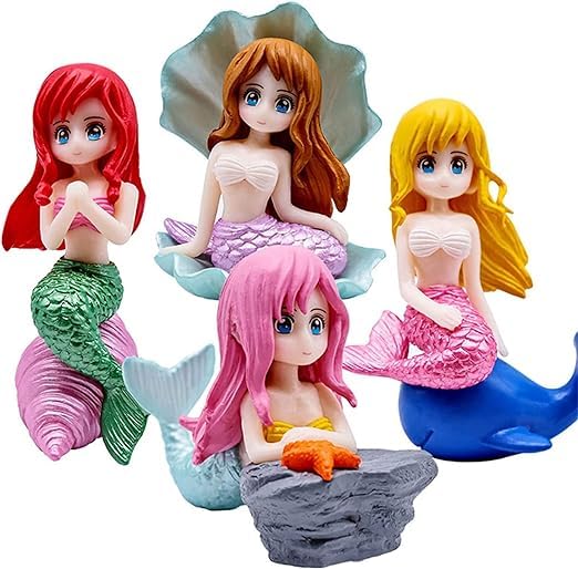 4Pcs Mini Mermaid Figurines - Fairy Garden Decor, Cake Toppers, Aquarium Ornaments, Resin Miniatures