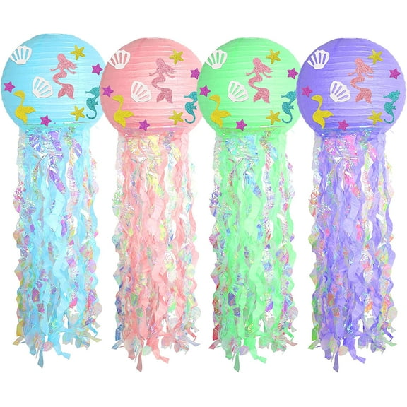 4PCS Mermaid Jellyfish Lanterns Hanging Paper Lanterns for Child Mermaid Themed Birthday Party Decorations Baby Shower Party Supplies