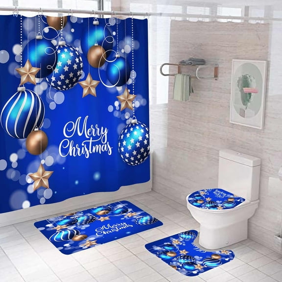 4PCS Merry Christmas Nativity Shower Curtain Sets with Rugs, Waterproof Fabric Shower Curtain, Blue Galaxy Starry Sky Bethlehem Star Holy Night Manger Scene Wise Men Holiday Bathroom Decor