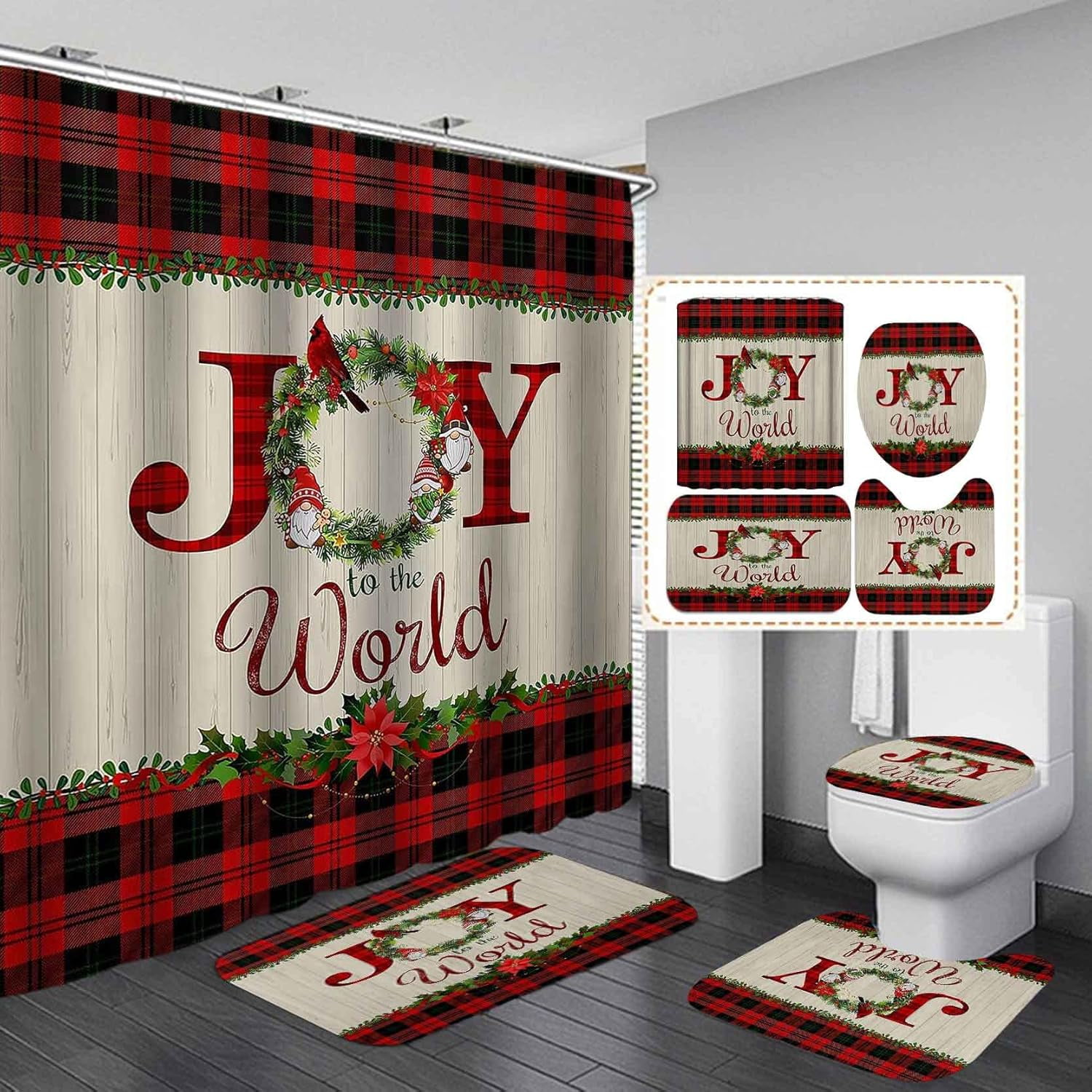 4PCS Merry Christmas Shower Curtain Set, Colorful Xmas Balls Pine Tree ...