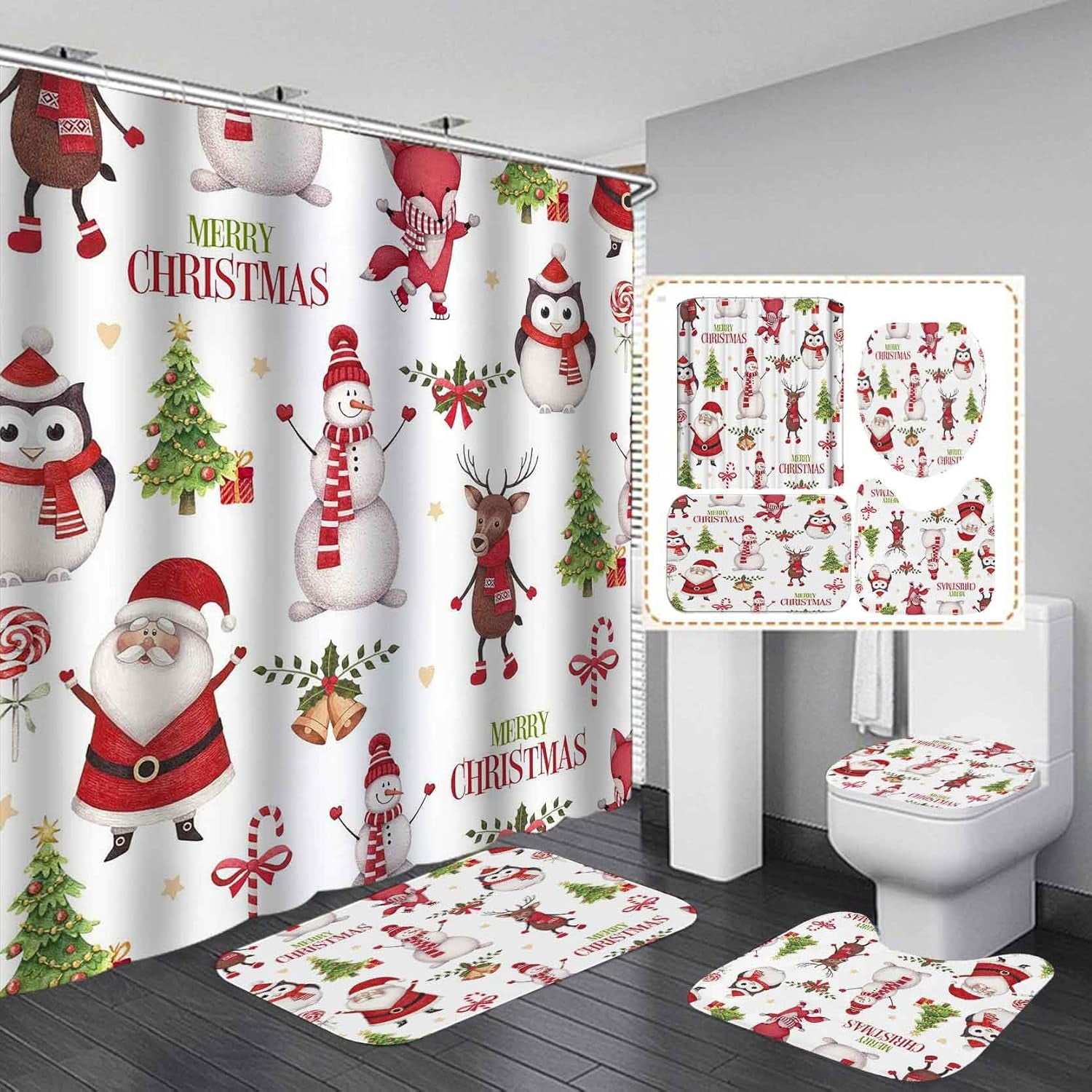 4PCS Merry Christmas Shower Curtain Set, Cute Santa Claus Snowman Moose ...