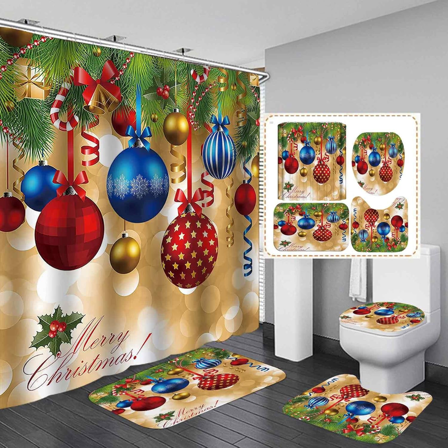 4PCS Merry Christmas Shower Curtain Set, Green Pine Twigs Red Xmas ...