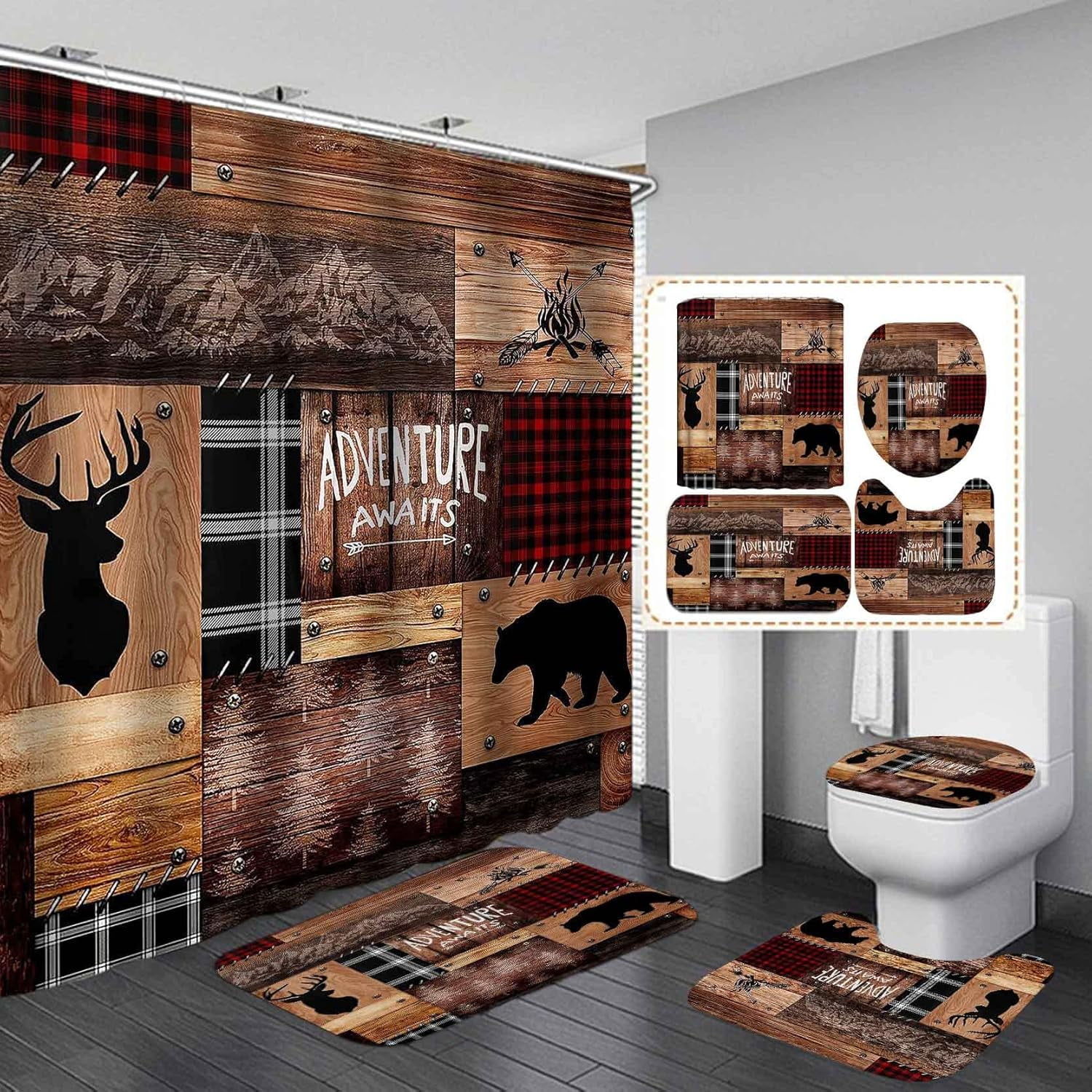 4PCS Merry Christmas Shower Curtain Set with Rugs, Red Buffalo Plaid