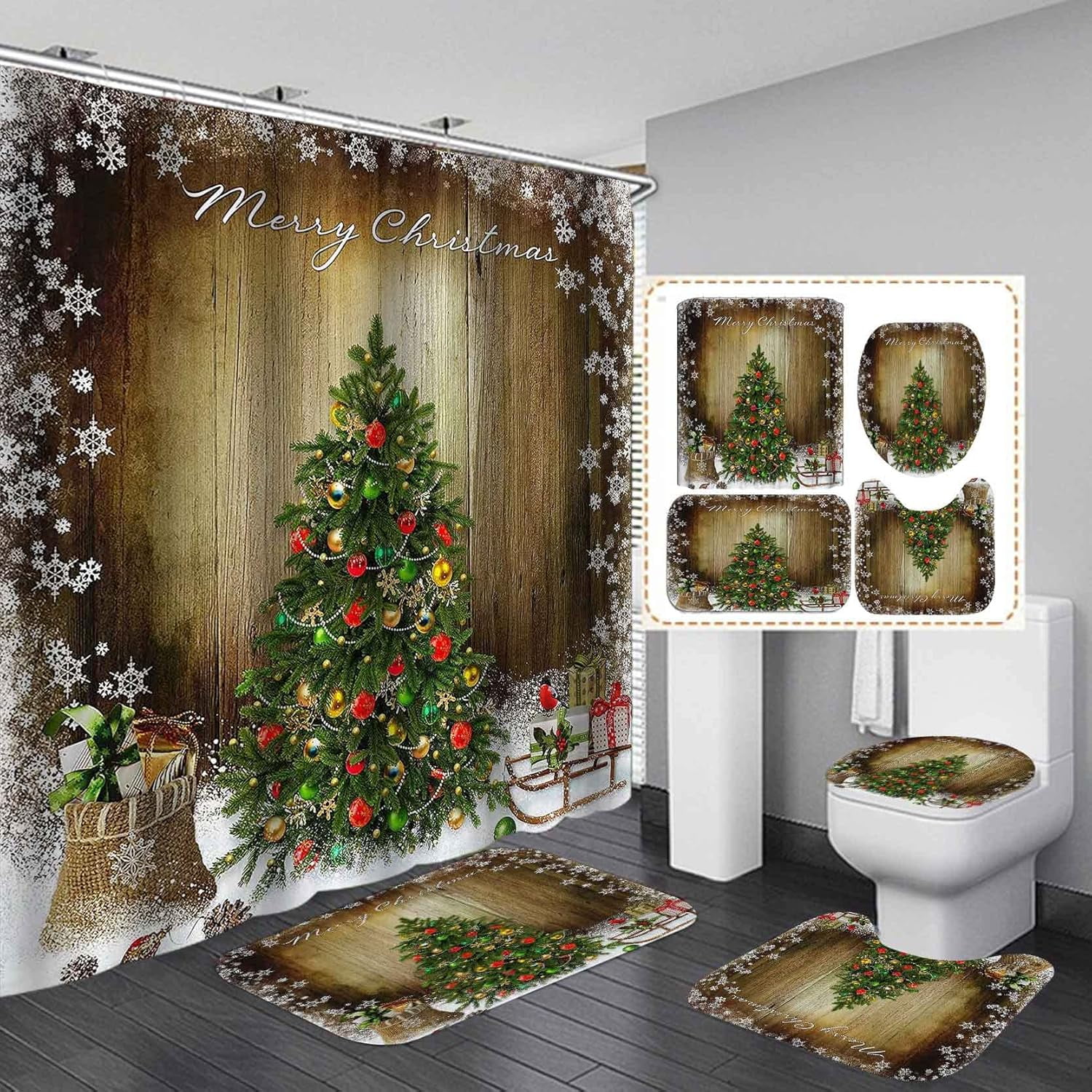 BOARDFEB Christmas Shower Curtain, Red Winter Xmas Tree Snowman Merry Christmas Shower Curtains For Bathroom Decor Washable Durable Fabric Holiday New Year Shower Curtain With Hooks 72x72 Inch