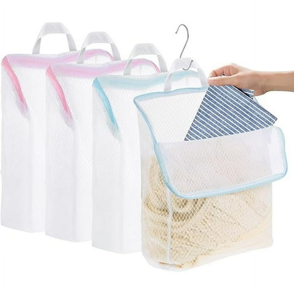 4PCS Mesh Laundry Bags with Handles 2 Colors Hanging Mesh Wash Bags with 4 S Hooks for Lingerie Garment Baby Items Washable Sock Laundry Bags for Washing Machine, Pink and Blue