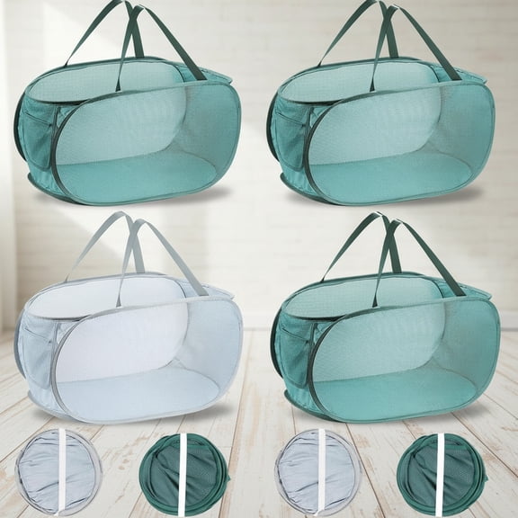 4PCS Mesh Laundry Hamper, Collapsible Laundry Baskets, 75L Large Foldable Dirty Laundry Clothes Hamper Storage Basket Horizontal with Side Pocket & Carry Handle, Grey Emerald