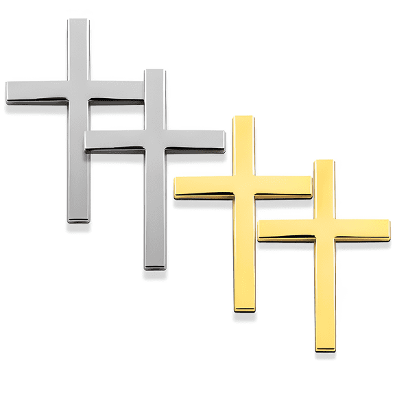 4PCS Metal Jesus Christ Cross Badge Stickers, 2.5"×1.8" Alloy 3D Individual Car Cross Sticker, Self Adhesive Scratch Covering Metal Cross Auto Emblem Decal for Car Body Fender Tail (Silver+Gold)