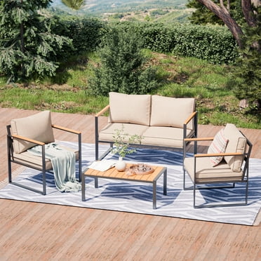 4PCS Metal Outdoor Patio Furniture Set, Modern Outdoor Conversation Furniture Sets w/Coffee Table, Sectional Furniture with Thick, Washable and High-Resiliency Sponge Cushions
