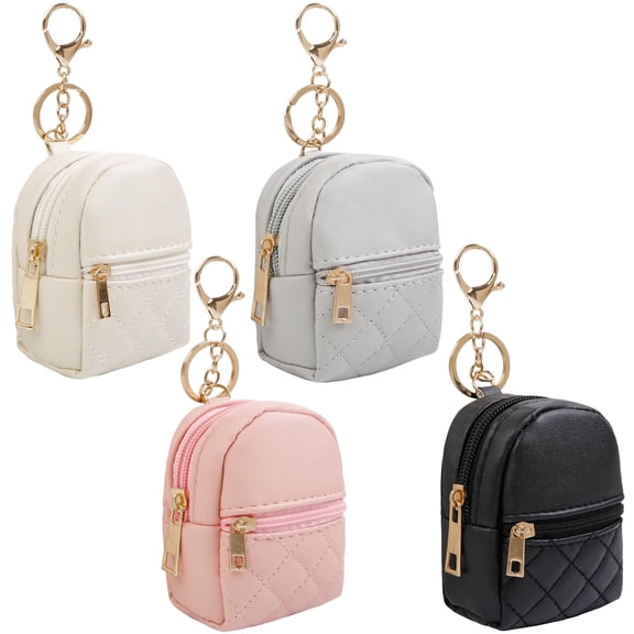 4PCS Mini Backpack Keychain Cute Cosmetic Bag PU Leather Makeup Bag Key Pocket Lipstick Bag Card Holder Data Cable Organizer Zipper Pouch Ideal Gift for Women