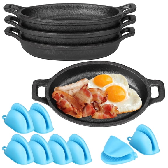 4PCS Mini Cast Iron Skillets, 8.66" x 4.72" Small Oval Skillets, Uncoated Steak Frying Pans with Double Handle, Single Serve Dish Pans, Casserole Cookware for Baking, Roasting, Cooking
