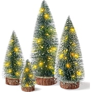 4PCS Mini Christmas Tree with Lights, Bottle Brush Trees, Christmas Table Decorations, Small Christmas Village Trees for Xmas Holiday Party Home Craft Lighted No batteries included