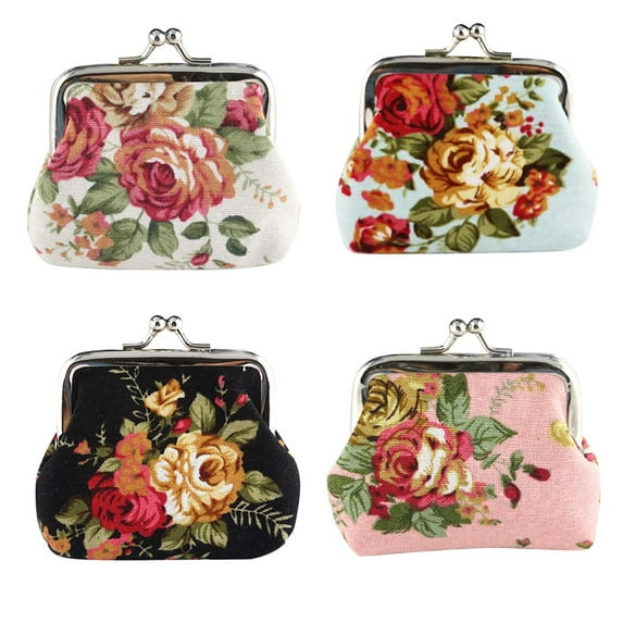 4PCS Mini Coin Purse Small Vintage Floral Coin Bag Buckle Kiss-lock Coin Change Wallet for Women Girl