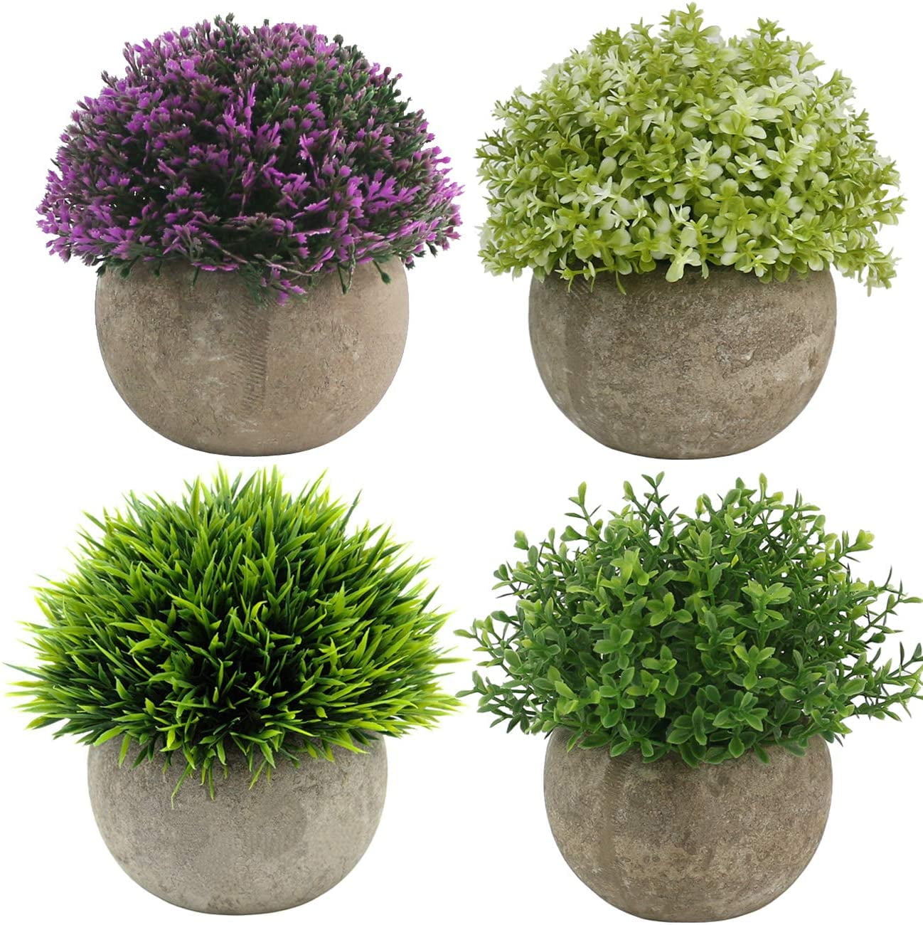 Set of 4 Mini Green and Purple Plastic Grass Topiary in Paper Pots