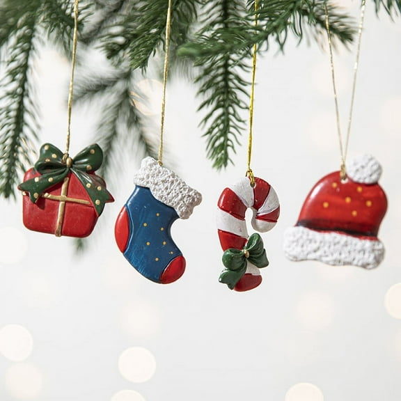 4PCS Mini Resin Christmas Ornaments for Christmas Tree, Small Xmas Miniature Hanging Ornaments Tiny Christmas Figurines Pendant Decoration for Party Decor