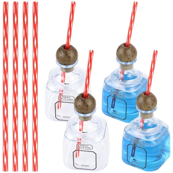 4PCS Mini Tequila Bottles Empty For Drinks, 12.7oz Reusable Plastic Drinking Bottles with Wood Grain Stoppers and Straws, Portable Travel Size for Parties and DIY Beverages