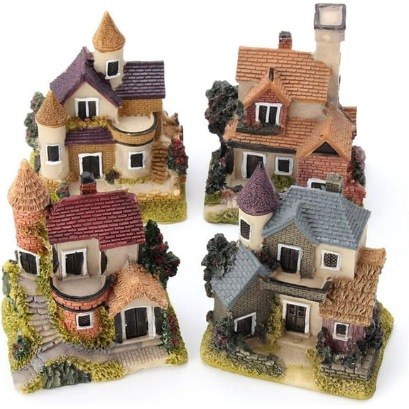 4PCS Miniature House, Fairy Gardening Micro Landscape Village Stone House, Bonsai Terrarium Crafts Ornaments Accessories Home Decoration Resin