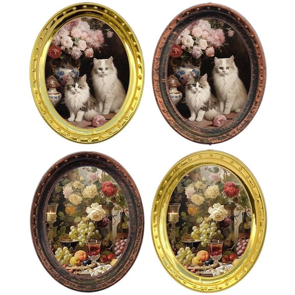 4PCS Miniature Iron Art Frame with Cats Rose Oil Painting Picture Frame Model