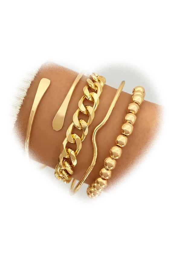 4PCS Minimalist Gold Chain Bracelet Set Stackable Open Cuff Bangles Women Christmas Gifts