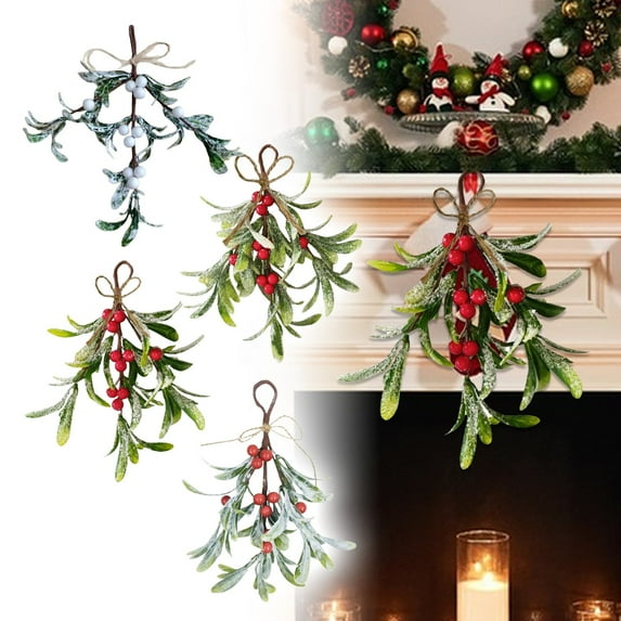 4PCS Mistletoe Decoration,Christmas Mistletoe Decor,Artificial Mistletoe Ornament Mistletoe Hanging Decorations Glitter Christmas Tree Accessories Artificial Dry Leaf Hanging Decoration,4PCS