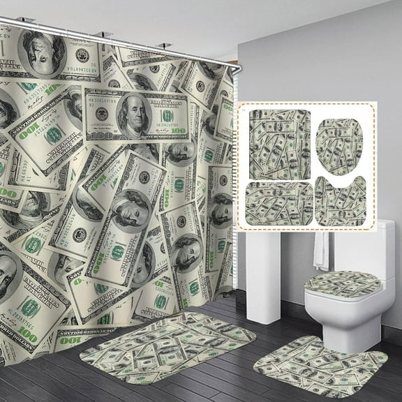 4PCS Money Shower Curtain Set, Hundred Dollar Bill Cash USA 100 Dollar Bills Luxury Modern Funny Bathroom Decor, Waterproof Fabric Polyester Black Shower Curtain, Non-Slip Bath Mat Toilet Rug