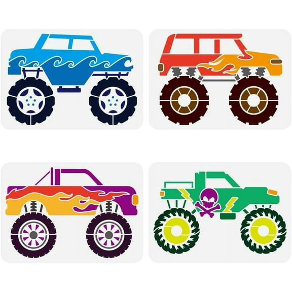 4PCS Monster Truck Stencil - 8.3x11.7 inch Reusable Plastic PET Large Wheel Drawing Template with Pattern and Vehicle Theme Mixed Color