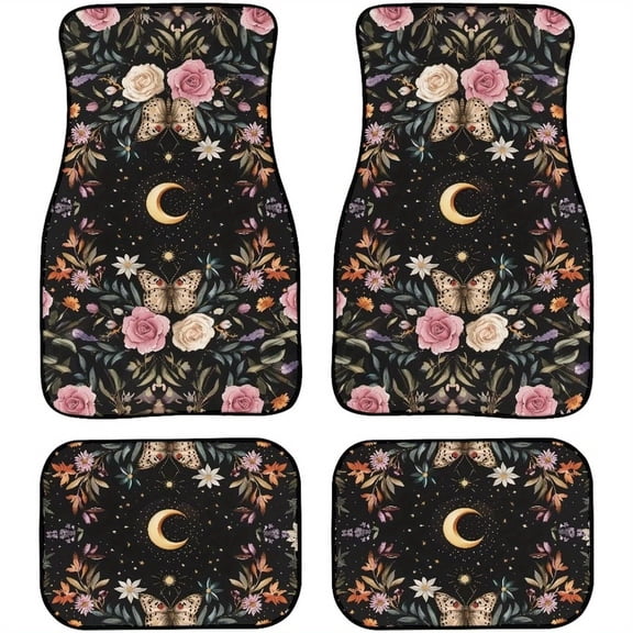 4PCS Moon Butterfly Floral Car Floor Mats, Thickened All-Weather Rubber Floor Liners, Anti-Slip Universal Fit for Cars, SUVs & Trucks, Full Coverage Interior Protection, Stylish Boho Design