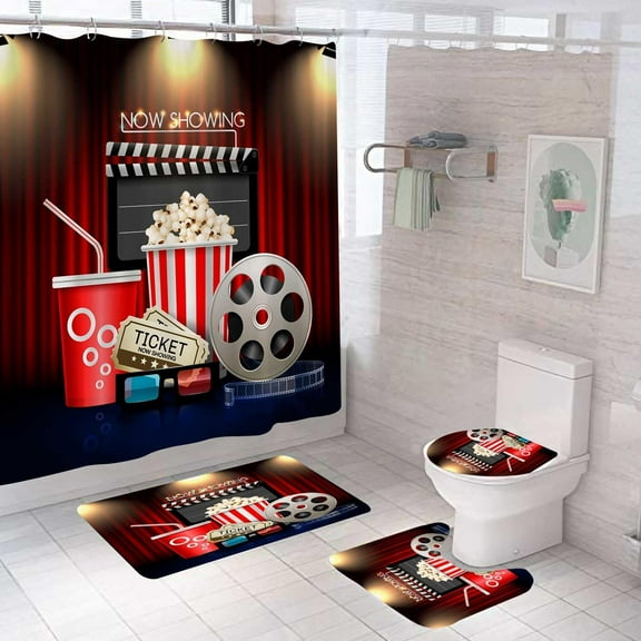 4PCS Movie Theater Shower Curtain Sets With Rugs, Waterproof Fabric Shower Curtain, Cinema Poster Red Curtain Featuring Film Ticket Filmstrip Clapperboard Popcorn Vintage Cinema Bathroom Decor