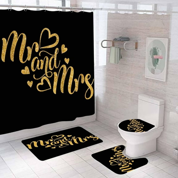 4PCS Mr Mrs Shower Curtain Sets with Rugs, Waterproof Fabric Black Shower Curtain, Bridal Lover Couple Romantic Wedding Anniversary Engagement Love Heart Gold Glitter Words Mr and Mrs Bathroom Decor