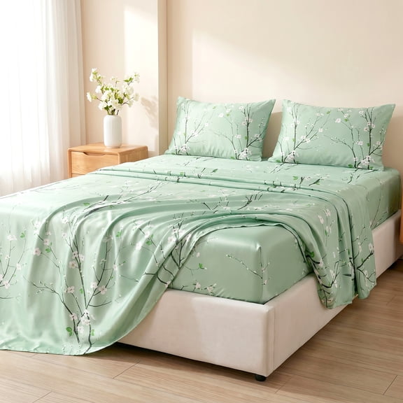 4PCS Multi-color Branch Blooming Plum Blossom Printed Bed Sheet Set ,1 Fitted Sheet + 1 Flat Sheet + 2 Pillowcases, Pillow Inserts Not Included(Green,King)