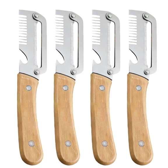 4PCS Multifunctional Vegetable Peeler with Wood Handle, 3-in-1 Stainless Steel Fruit Peeler, Julienne Cutter and Bottle Opener, Professional Kitchen Gadget for Potato&Apple,7.48in