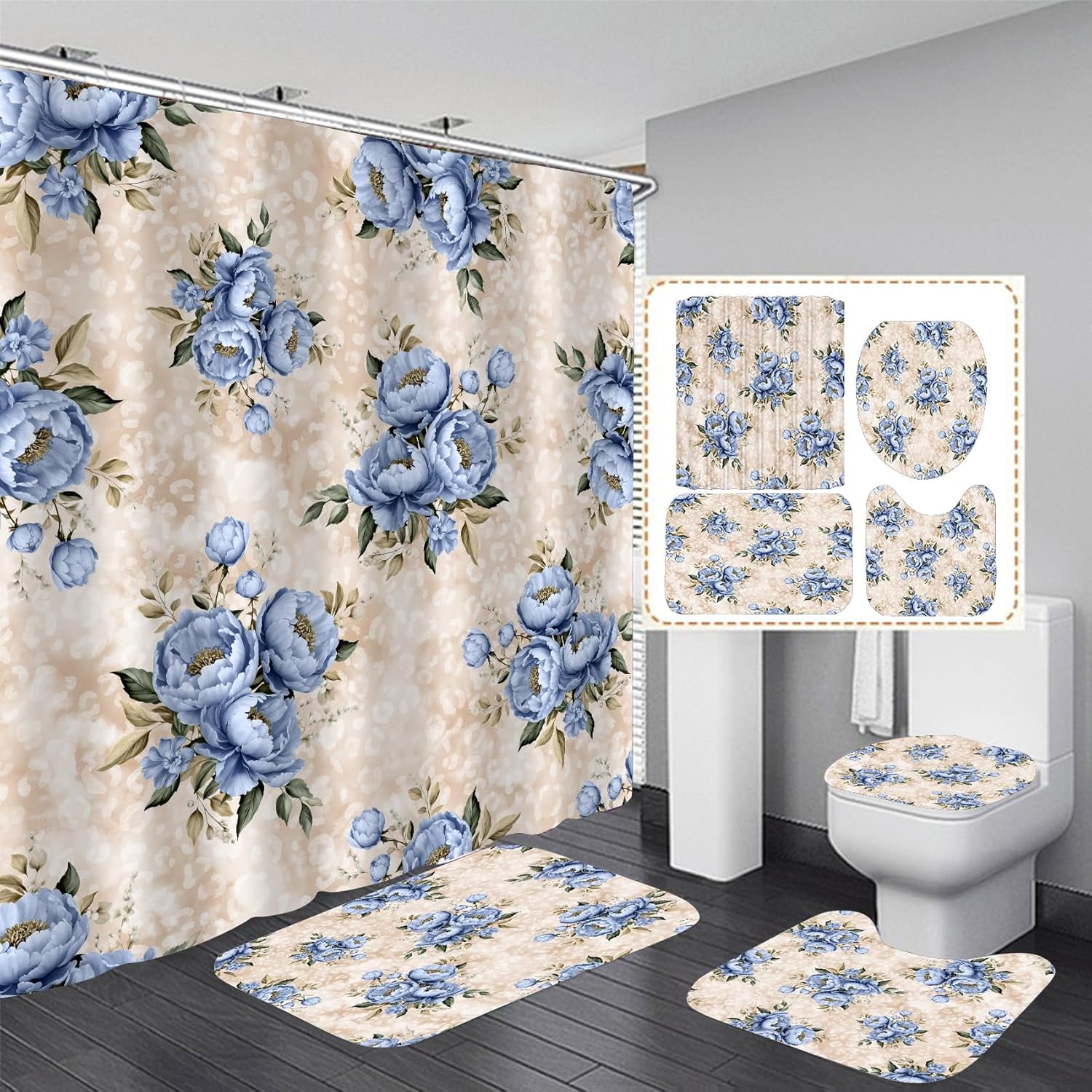4PCS Mushroom Bathroom Shower Curtain Set with Rugs, Toilet Lid Cover and Bath Mat, Moon and Stars with 12 Hooks, Durable Bathroom Decor Set 701.9x70.9in