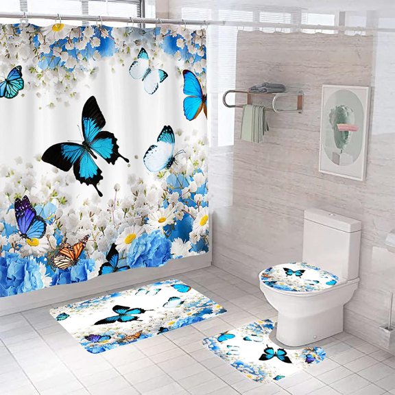 4PCS Mushroom Bathroom Shower Curtain Set with Rugs, Toilet Lid Cover and Bath Mat, Moon and Stars with 12 Hooks, Durable Bathroom Decor Set 701.9x70.9in