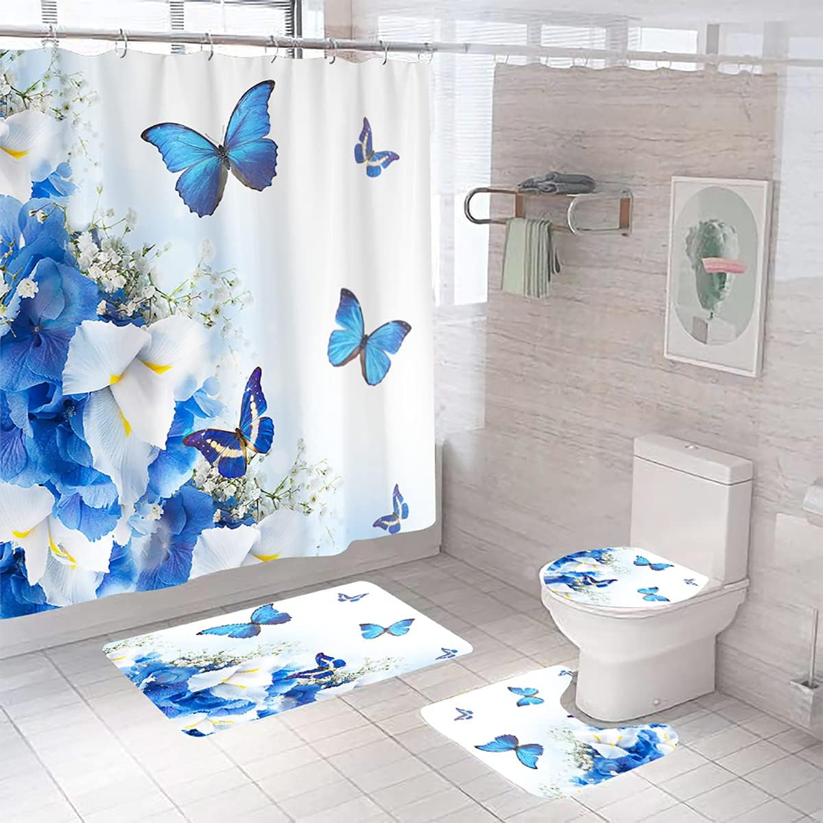 4PCS Mushroom Bathroom Shower Curtain Set with Rugs, Toilet Lid Cover and Bath Mat, Moon and Stars with 12 Hooks, Durable Bathroom Decor Set 701.9x70.9in