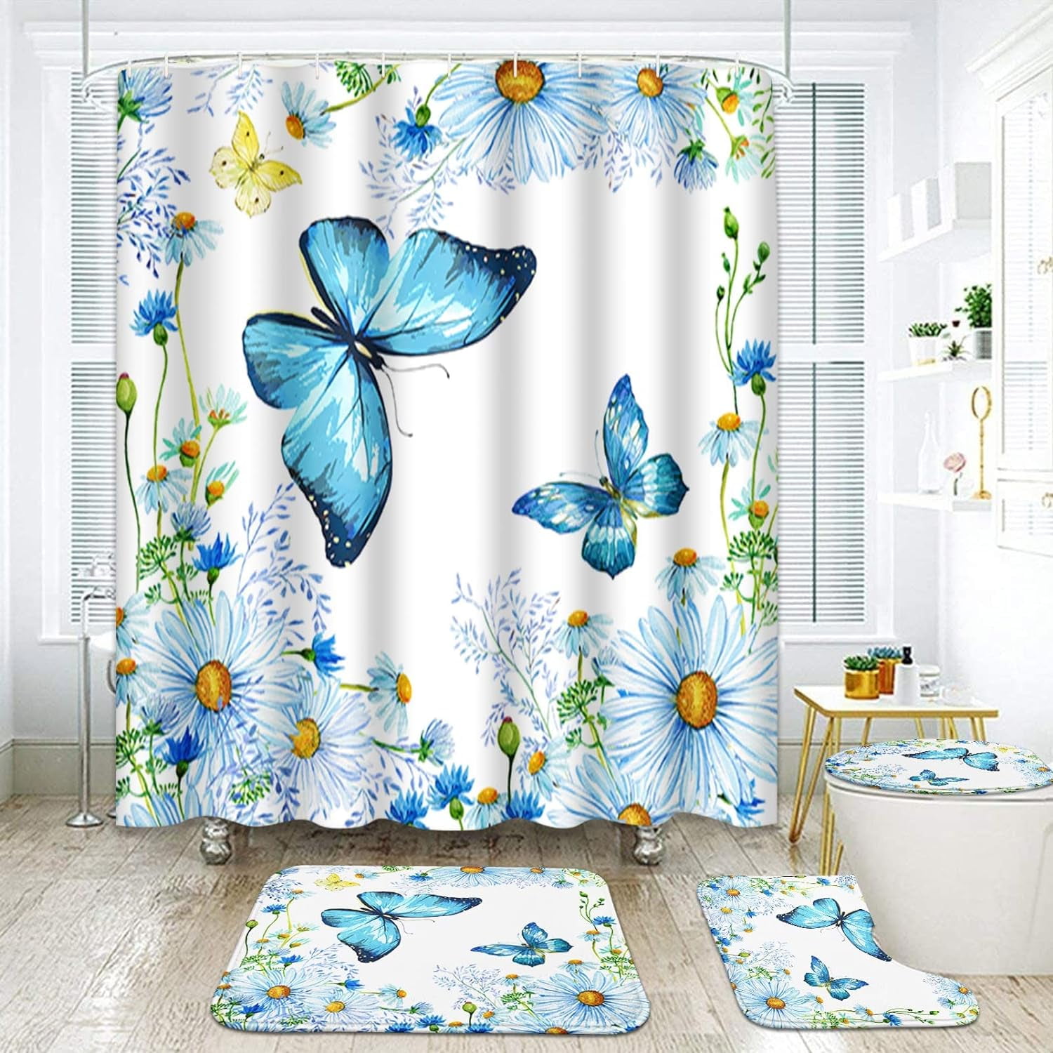 4PCS Mushroom Bathroom Shower Curtain Set with Rugs, Toilet Lid Cover and Bath Mat, Moon and Stars with 12 Hooks, Durable Bathroom Decor Set 701.9x70.9in