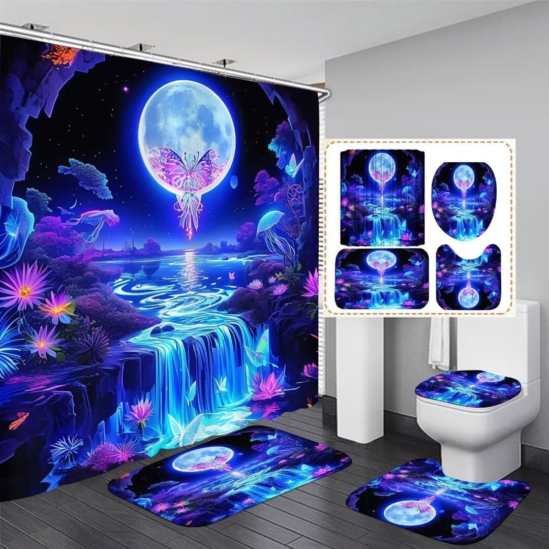 4PCS Mushroom Bathroom Shower Curtain Set with Rugs, Toilet Lid Cover and Bath Mat, Moon and Stars with 12 Hooks, Durable Bathroom Decor Set 701.9x70.9in
