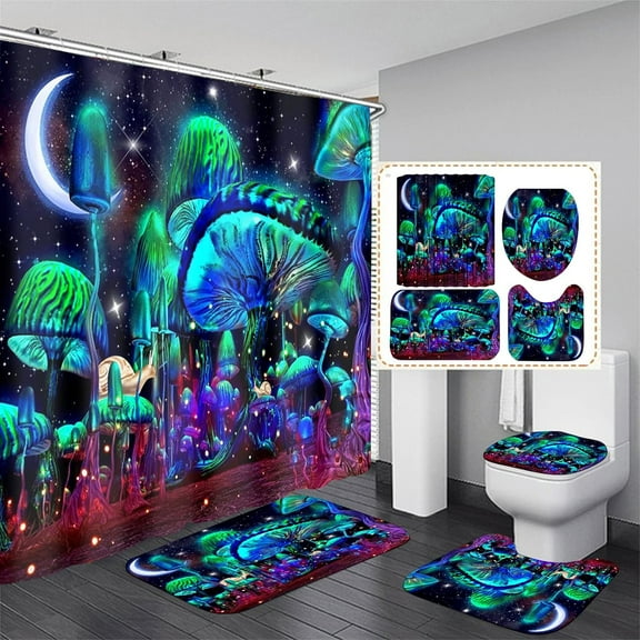 4PCS Mushroom Bathroom Shower Curtain Set with Rugs, Toilet Lid Cover and Bath Mat, Moon and Stars with 12 Hooks, Durable Bathroom Decor Set