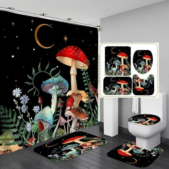 4PCS Mushroom Bathroom Shower Curtain Set with Rugs, Toilet Lid Cover and Bath Mat, Moon and Stars with 12 Hooks, Durable Bathroom Decor Set