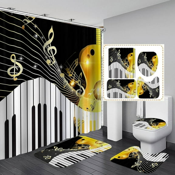 4PCS Music Shower Curtain Set, Luxury Black and Gold Musical Notes Rhythm Creative Modern Sheet Music Bathroom Decor, Waterproof Fabric Shower Curtain, Non-Slip Bath Mats Bathroom Rugs