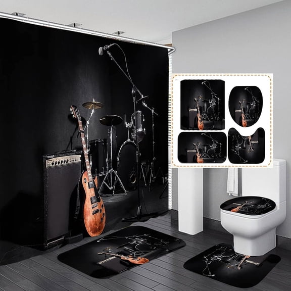 4PCS Music Shower Curtain Set, Guitar Drum Kit Musical Instrument Music Band Modern Cool Teenage Boys Men Bathroom Decor, Waterproof Fabric Black Shower Curtain, Non-Slip Bath Mat Toilet Rug