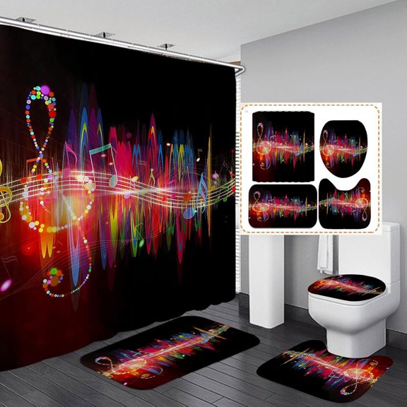 4PCS Music Shower Curtain Set, Luxury Black and Gold Musical Notes Rhythm Creative Modern Sheet Music Bathroom Decor, Waterproof Fabric Shower Curtain, Non-Slip Bath Mats Bathroom Rugs