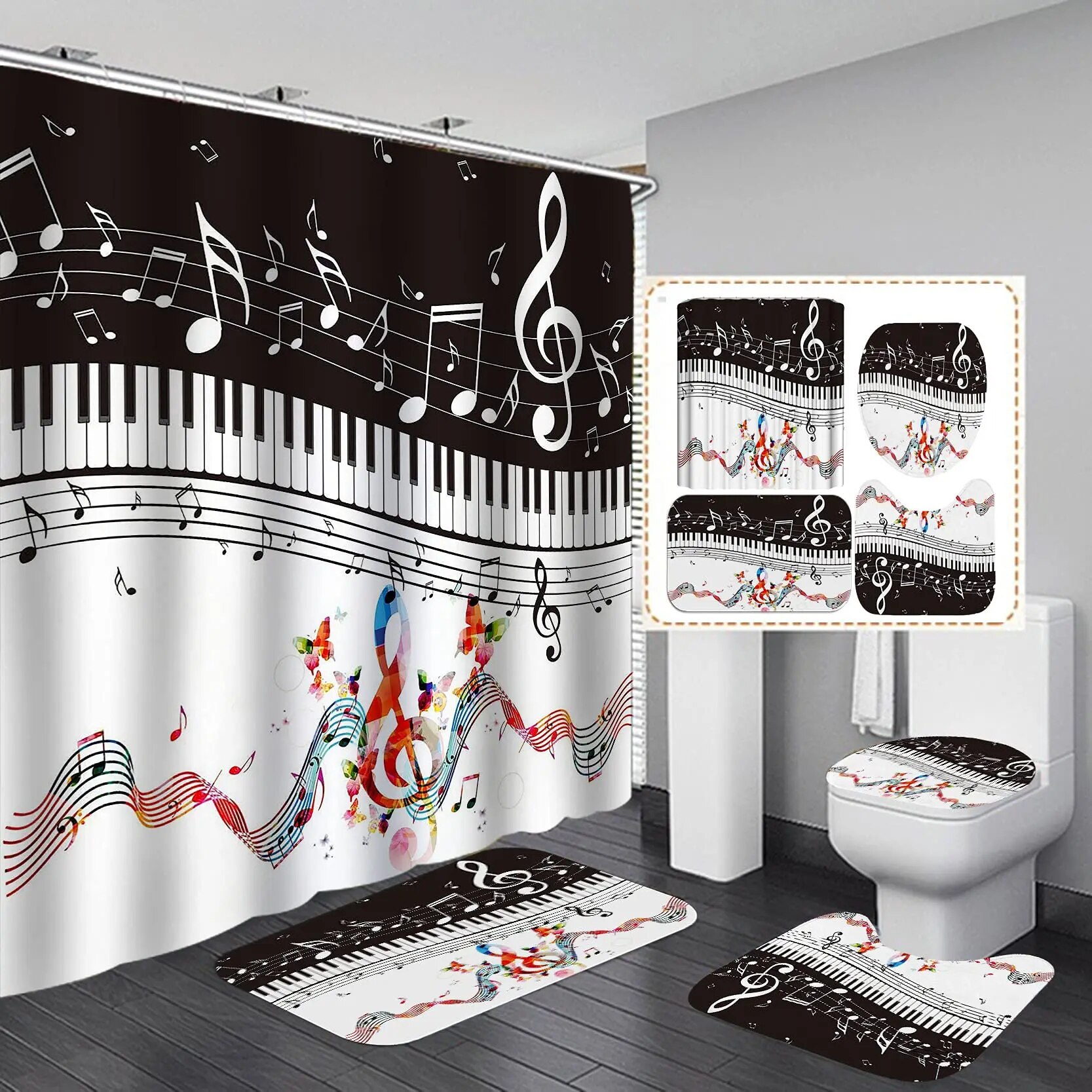 4PCS Music Shower Curtain Set Musical Notes Luxury Bathroom Decor Gold
