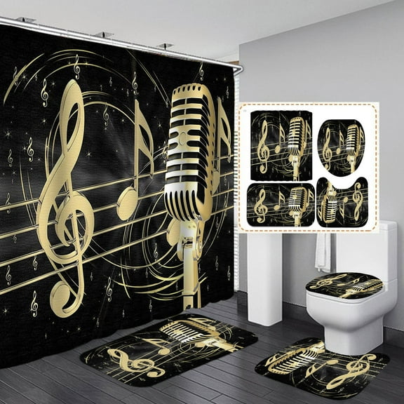 4PCS Music Shower Curtain Set Musical Notes Luxury Bathroom Decor Gold Microphone Bath Curtain Non-slip Bath Mat Rug Waterproof