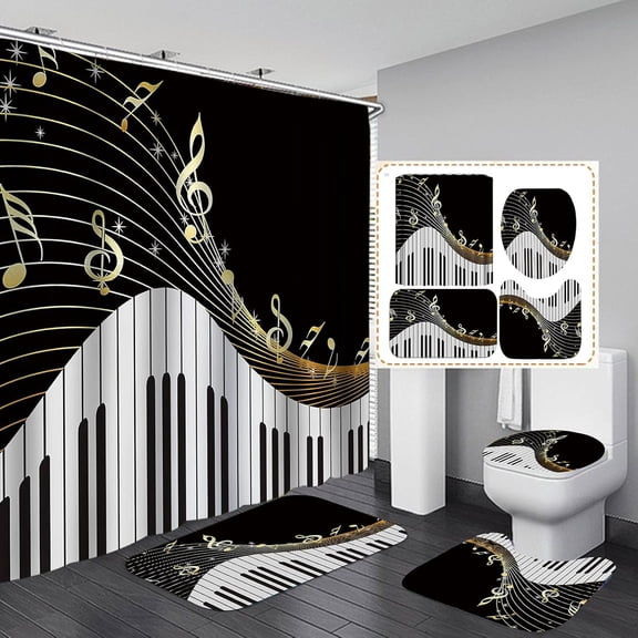 4PCS Music Shower Curtain Set, Musical Notes Luxury Modern Bathroom Decor, Waterproof Fabric Black Shower Curtain, Non-slip Bath Mat Toilet Rug, Gifts for Music Lover Musician, Gold Microphone