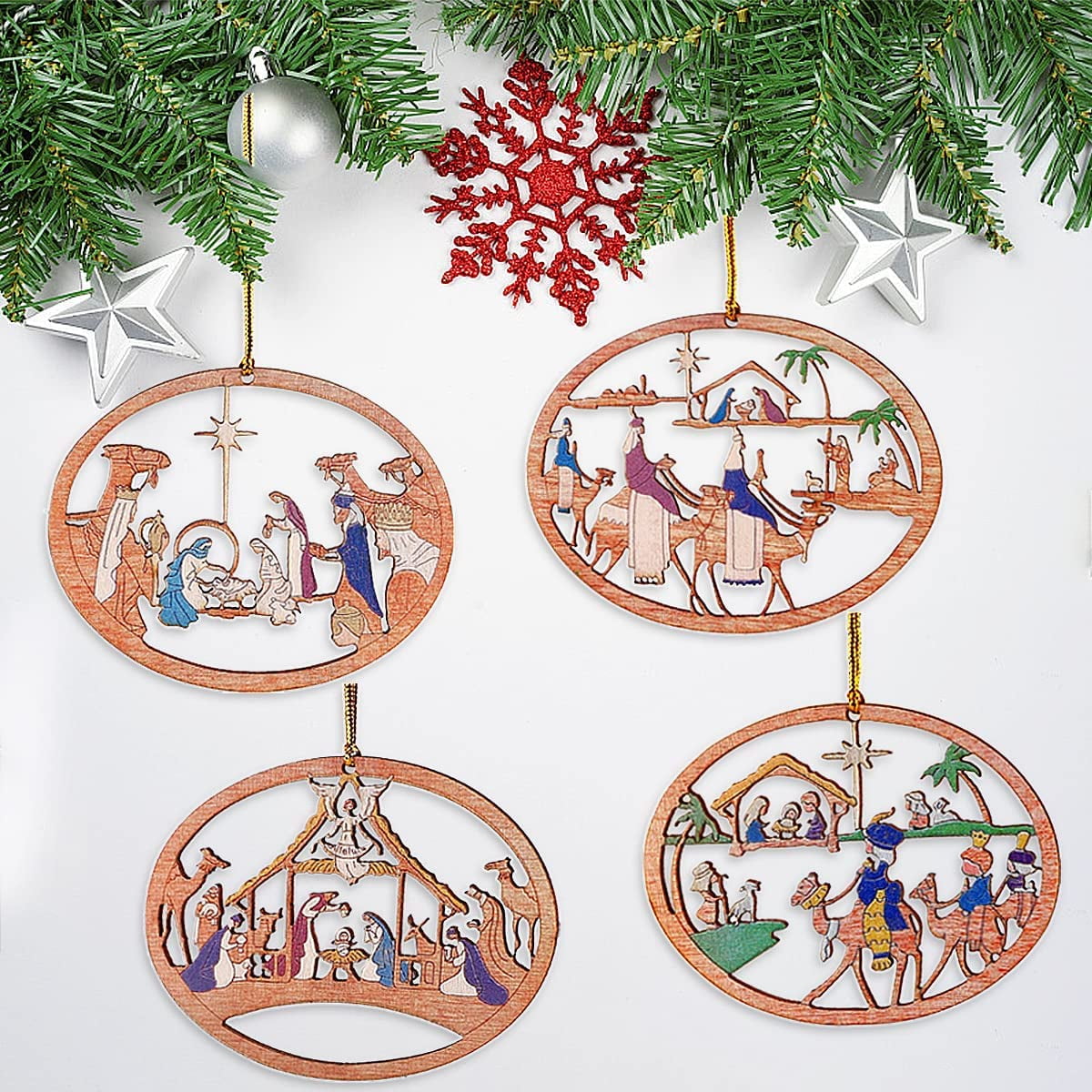 4PCS Nativity Scene Ornaments, Religious Christmas Wooden Hanging